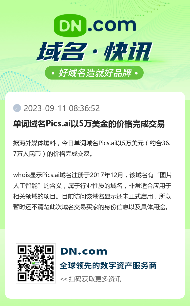 单词域名Pics.ai以5万美金的价格完成交易