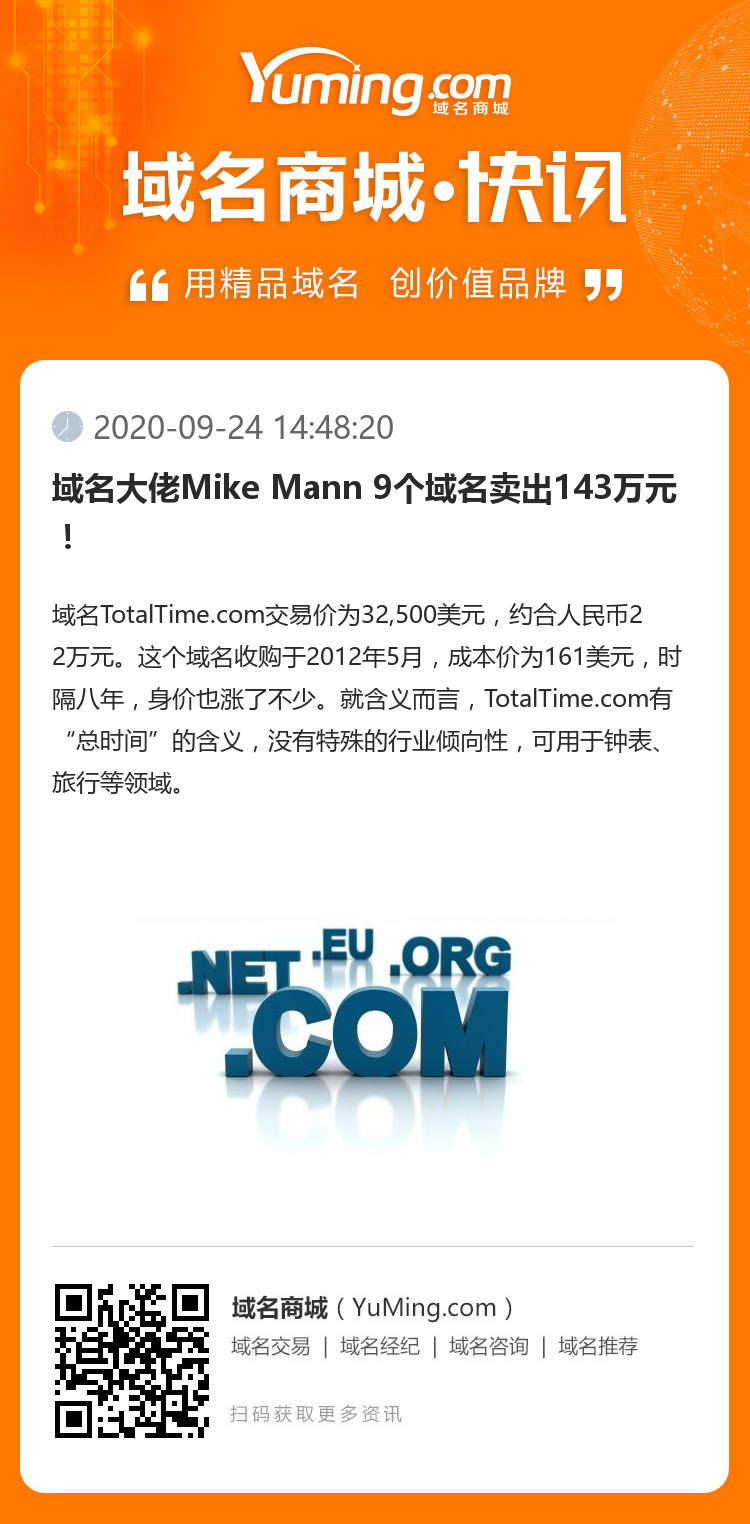 域名大佬Mike Mann 9个域名卖出143万元！