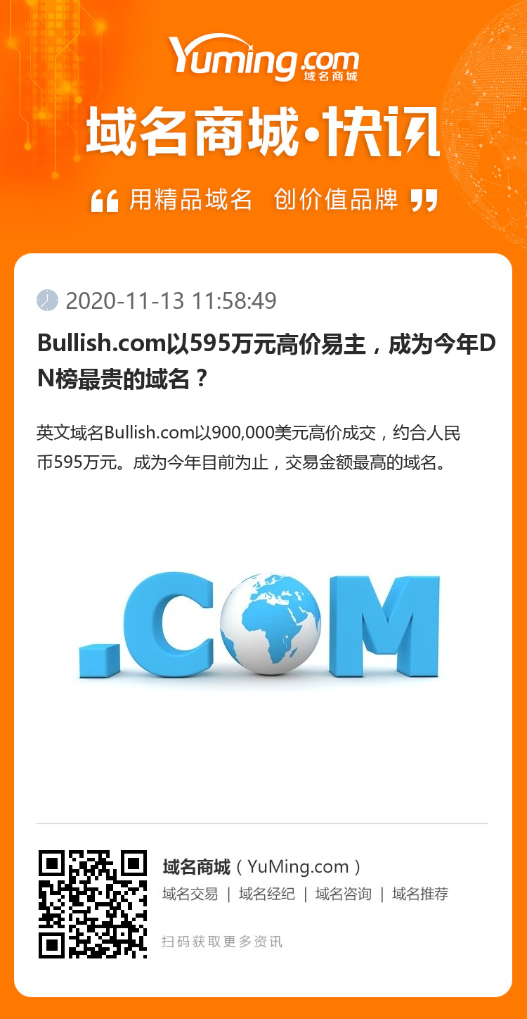 Bullish.com以595万元高价易主，成为今年DN榜最贵的域名？