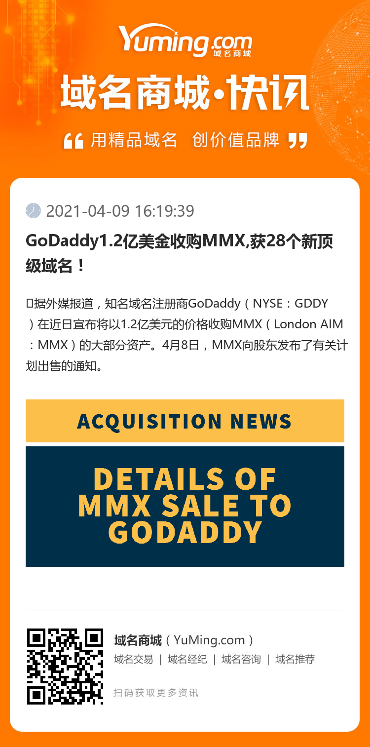 GoDaddy1.2亿美金收购MMX,获28个新顶级域名！