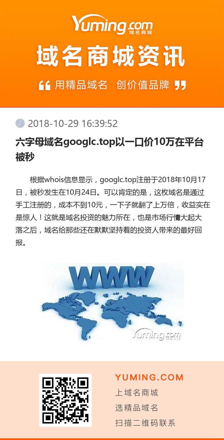 六字母域名googlc.top以一口价10万在平台被秒