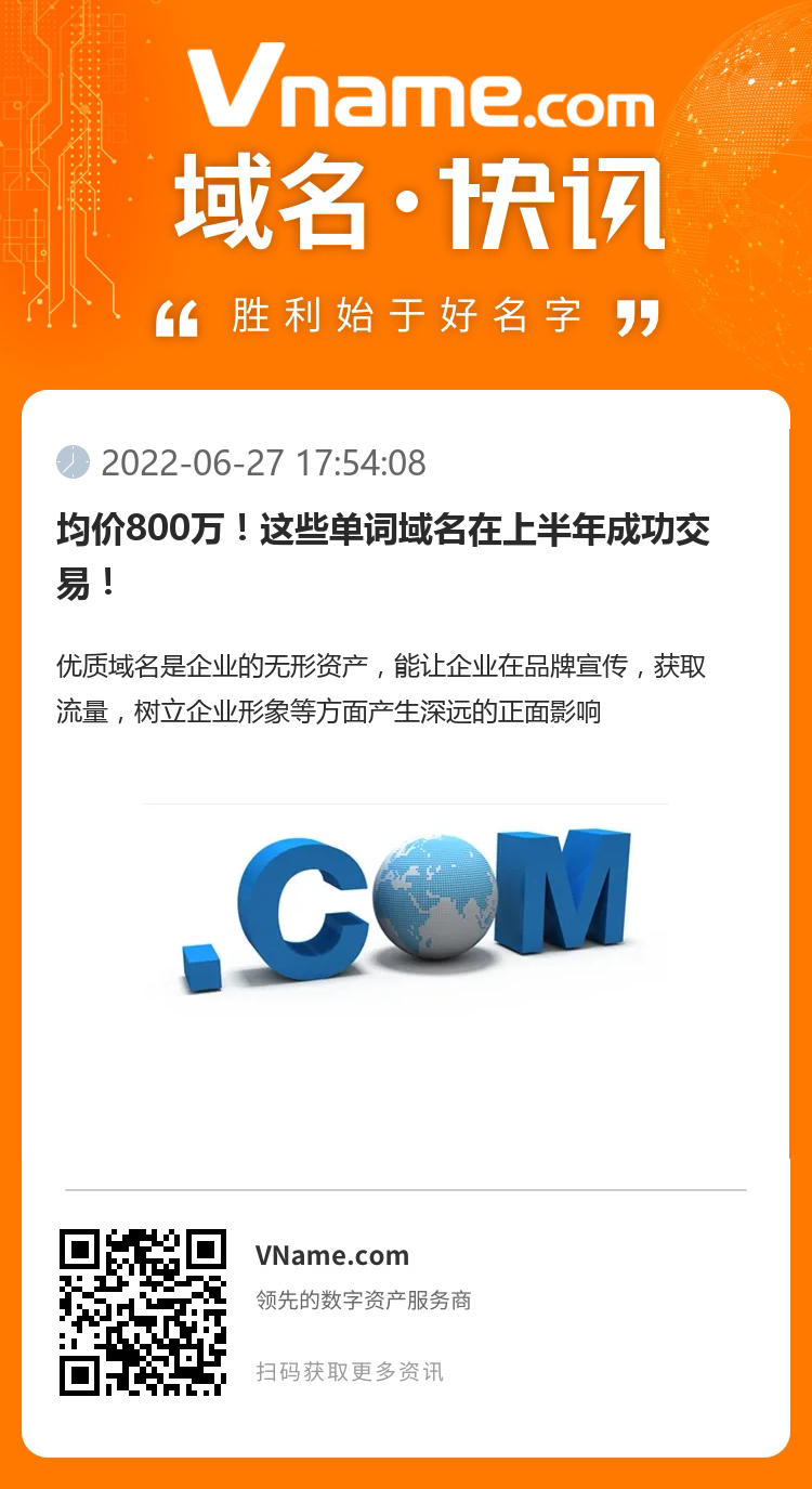 均价800万！这些单词域名在上半年成功交易！