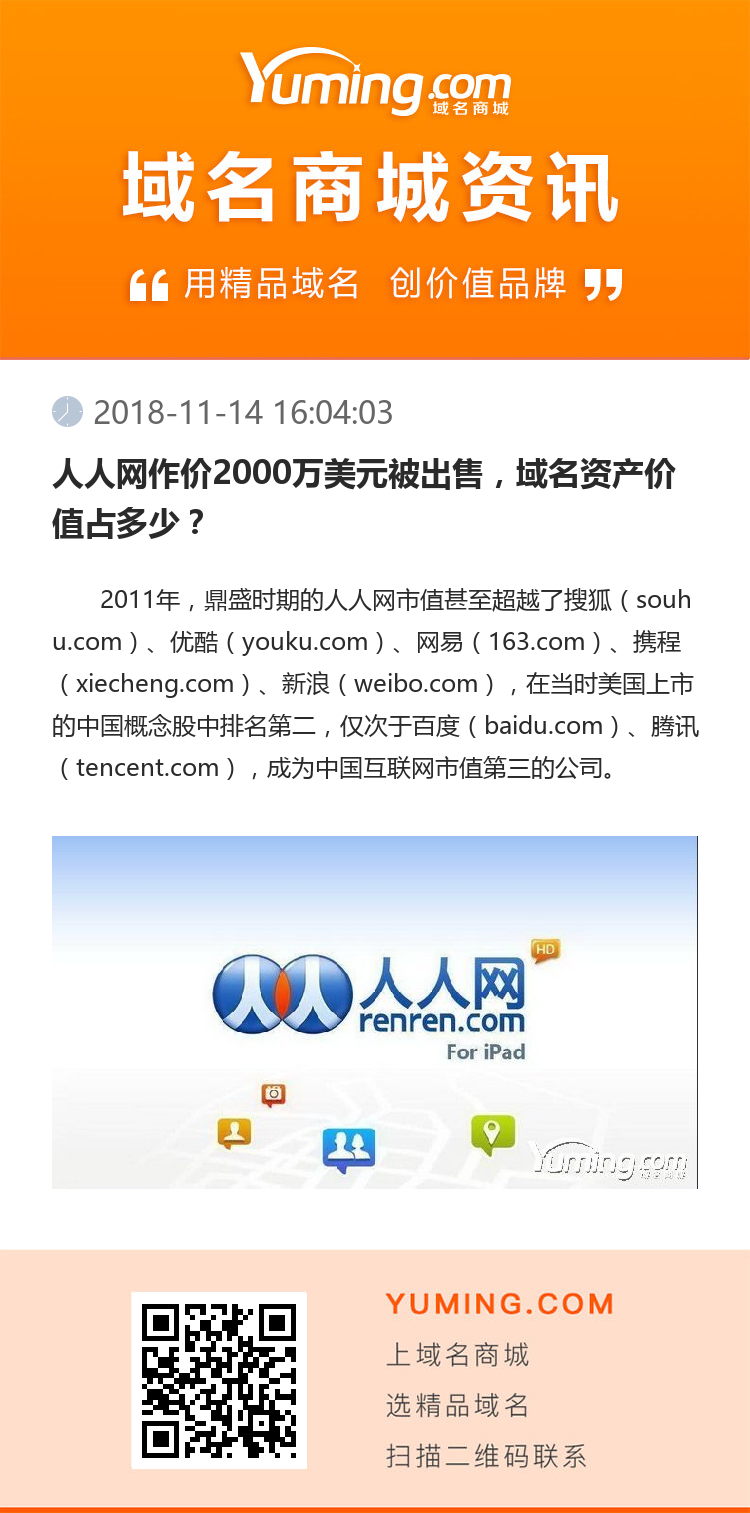 人人网作价2000万美元被出售，域名资产价值占多少？