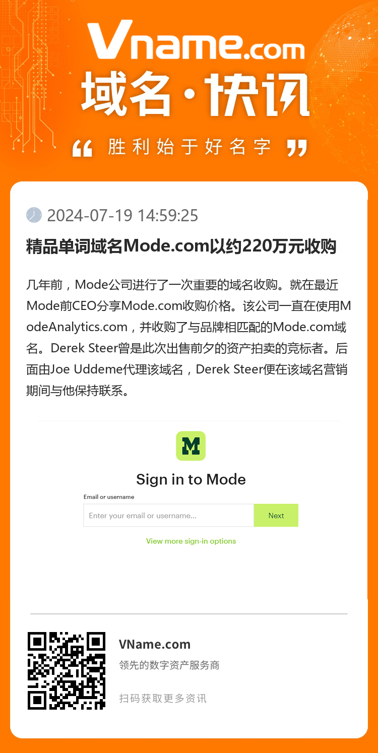 精品单词域名Mode.com以约220万元收购