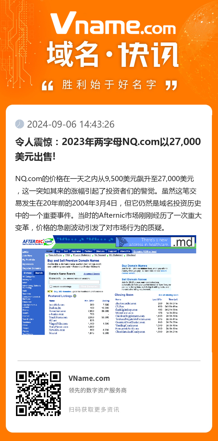 令人震惊：2023年两字母NQ.com以27,000美元出售!