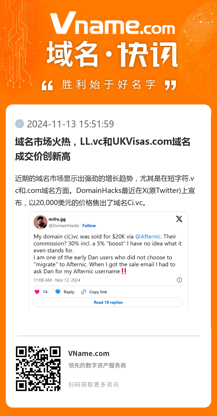 域名市场火热，LL.vc和UKVisas.com域名成交价创新高