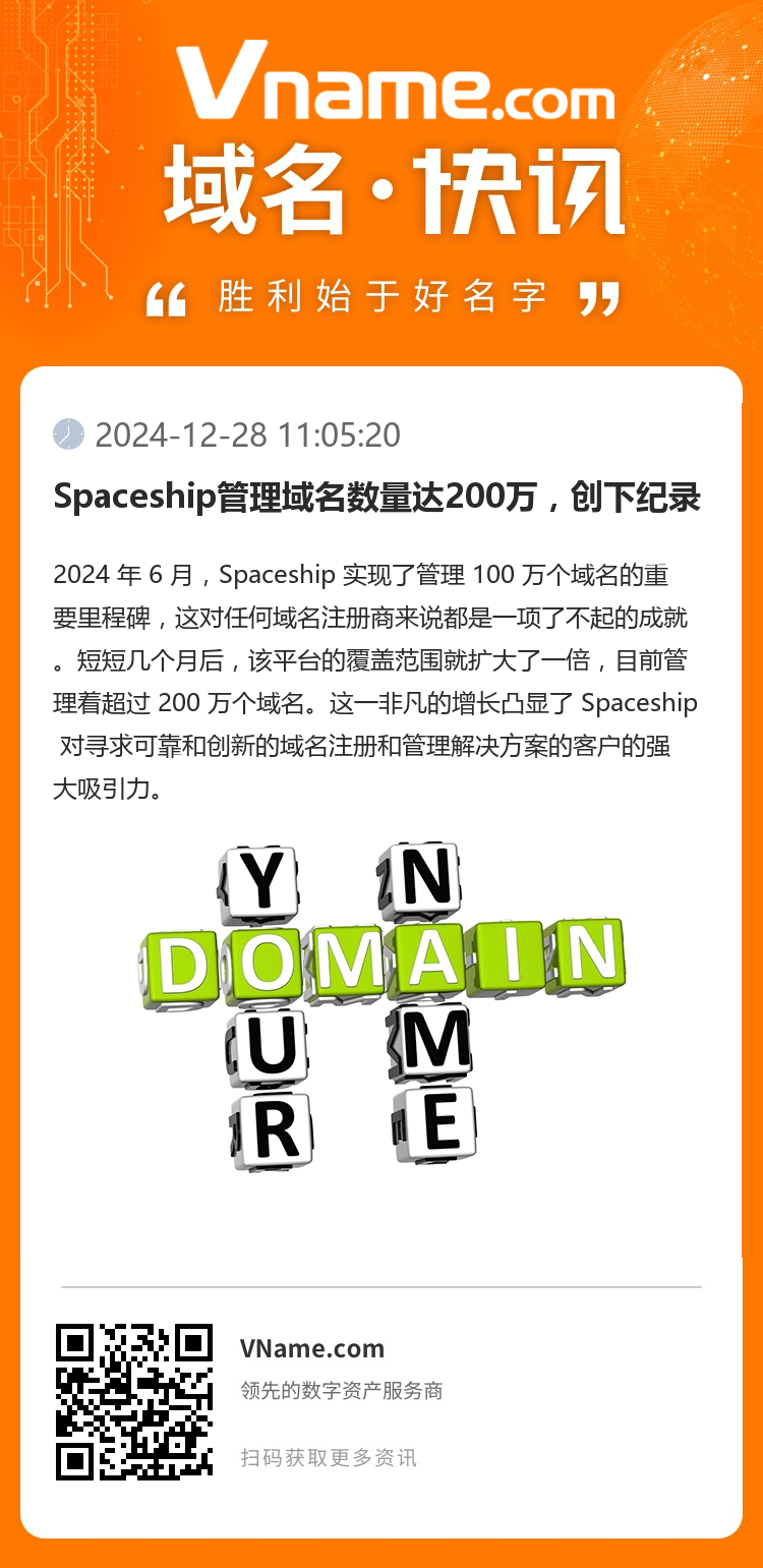 Spaceship管理域名数量达200万,创下纪录