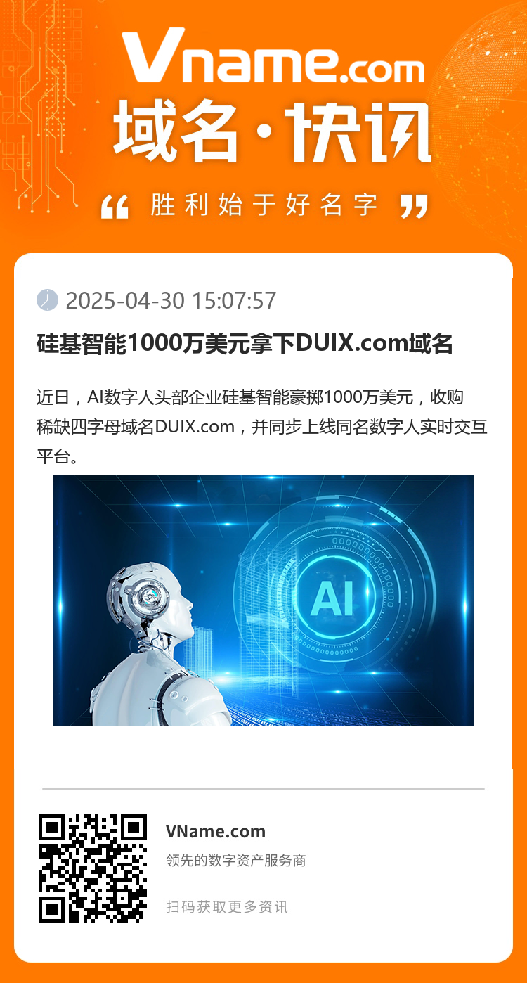 硅基智能1000万美元拿下DUIX.com域名
