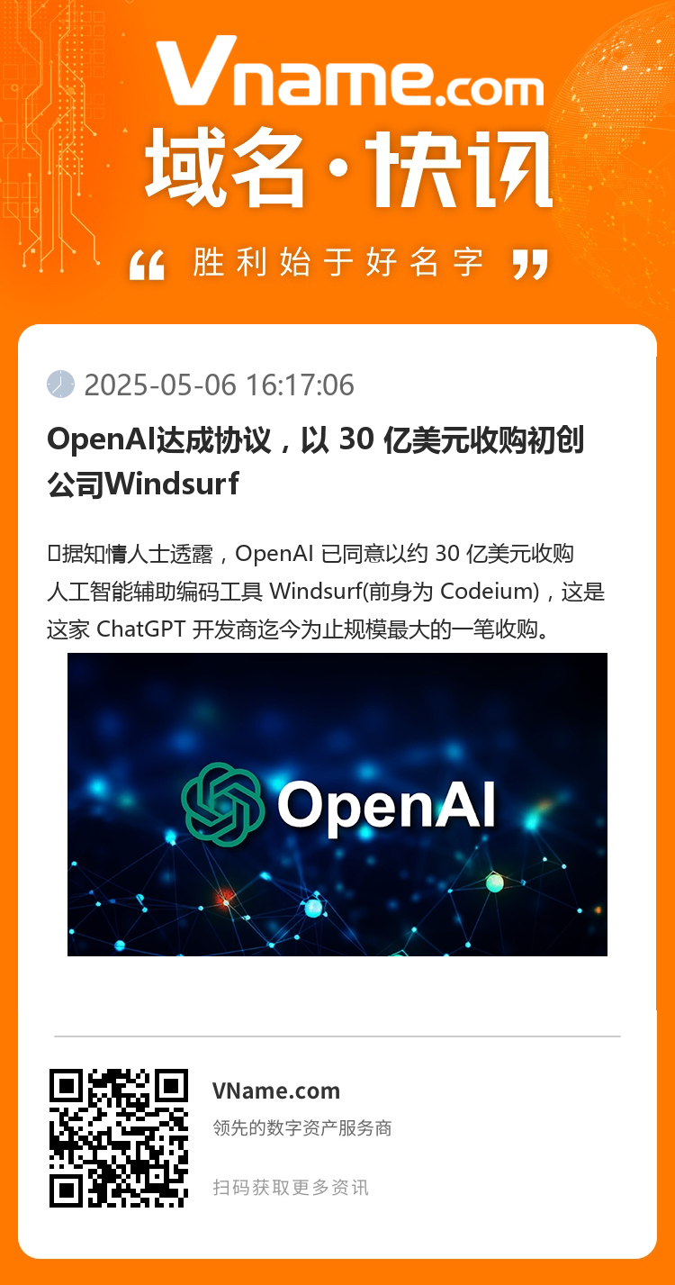 OpenAI达成协议,以 30 亿美元收购初创公司Windsurf