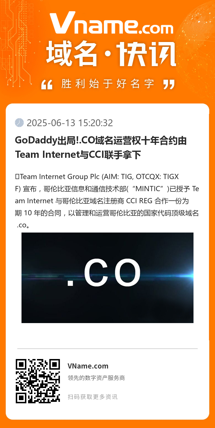 GoDaddy出局!.CO域名运营权十年合约由Team Internet与CCI联手拿下