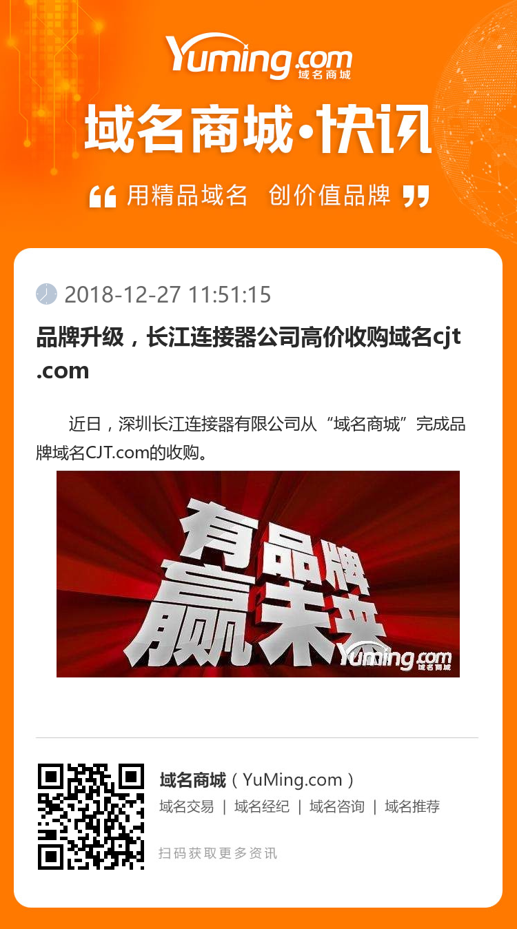 品牌升级，长江连接器公司高价收购域名cjt.com