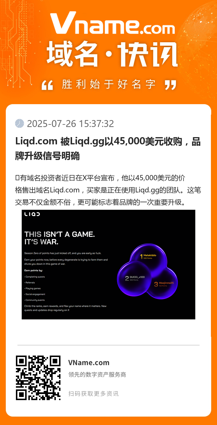 Liqd.com 被Liqd.gg以45,000美元收购，品牌升级信号明确