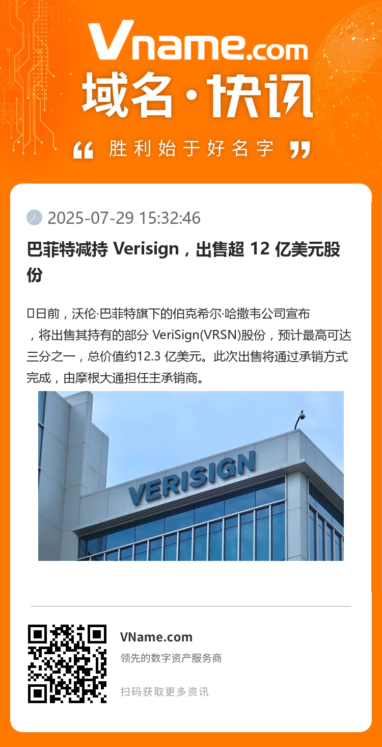 巴菲特减持 Verisign,出售超 12 亿美元股份