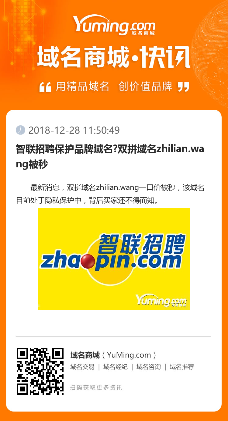 智联招聘保护品牌域名?双拼域名zhilian.wang被秒