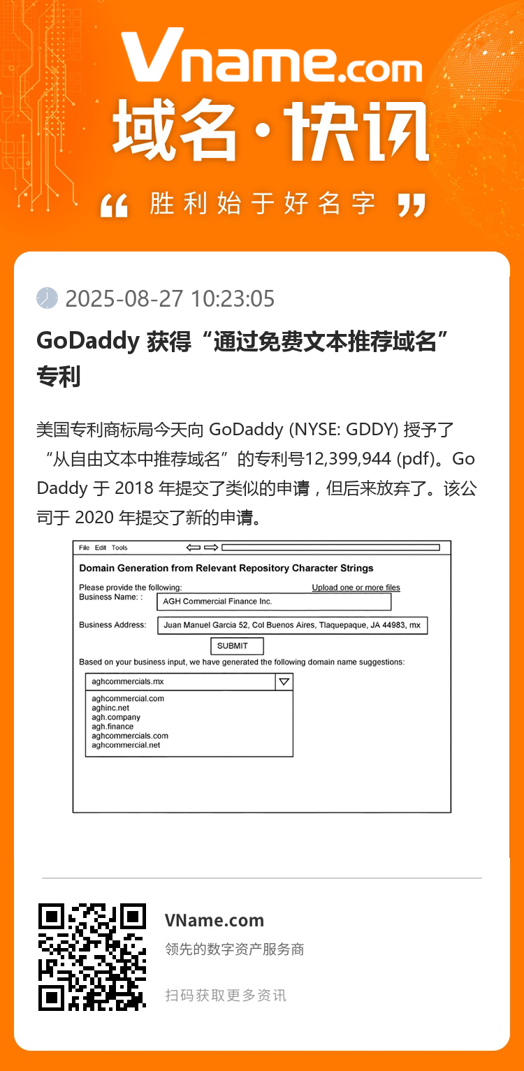 GoDaddy 获得“通过免费文本推荐域名”专利