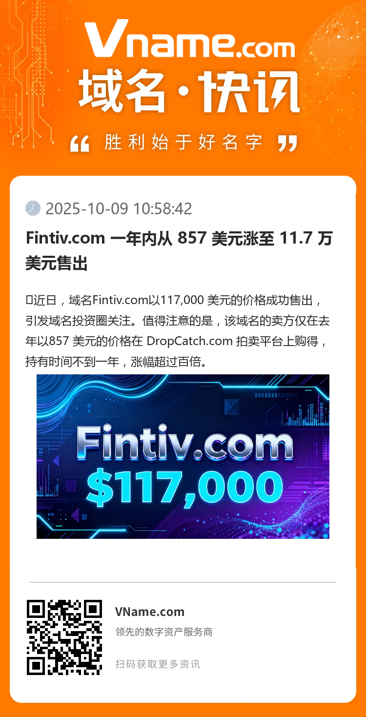Fintiv.com 一年内从 857 美元涨至 11.7 万美元售出