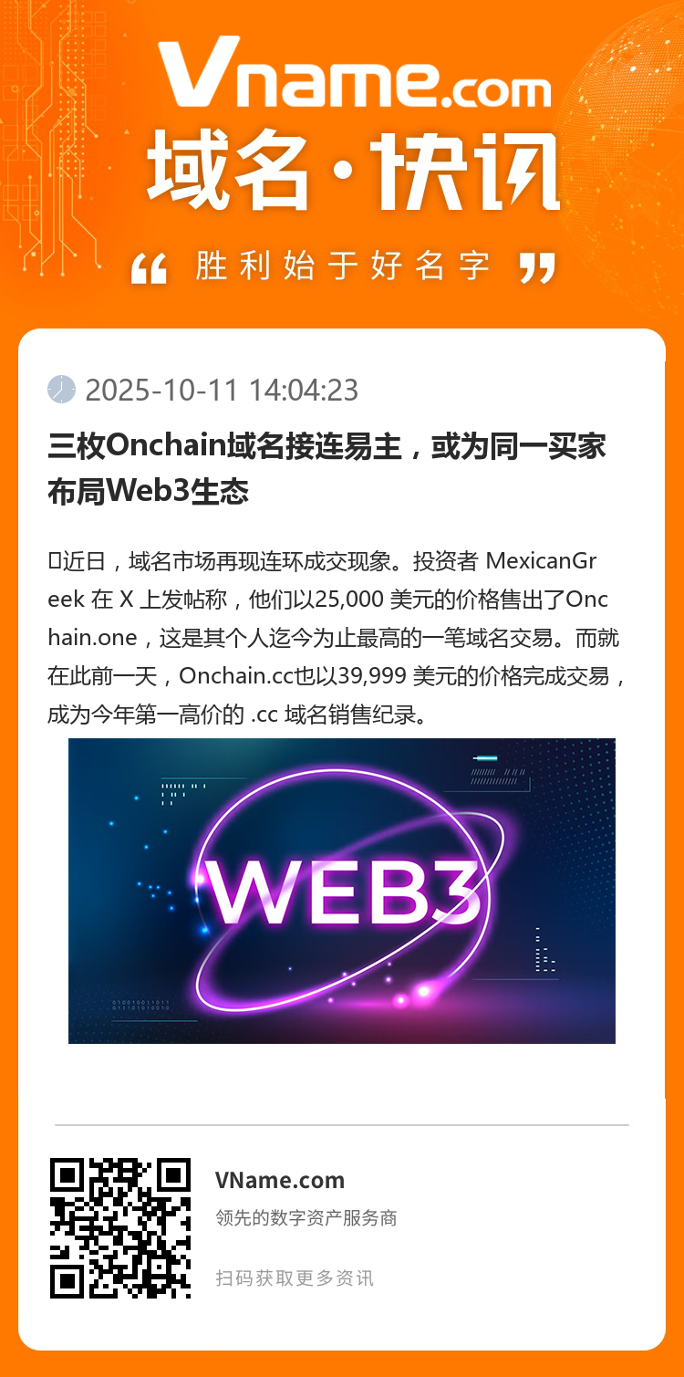 三枚Onchain域名接连易主,或为同一买家布局Web3生态
