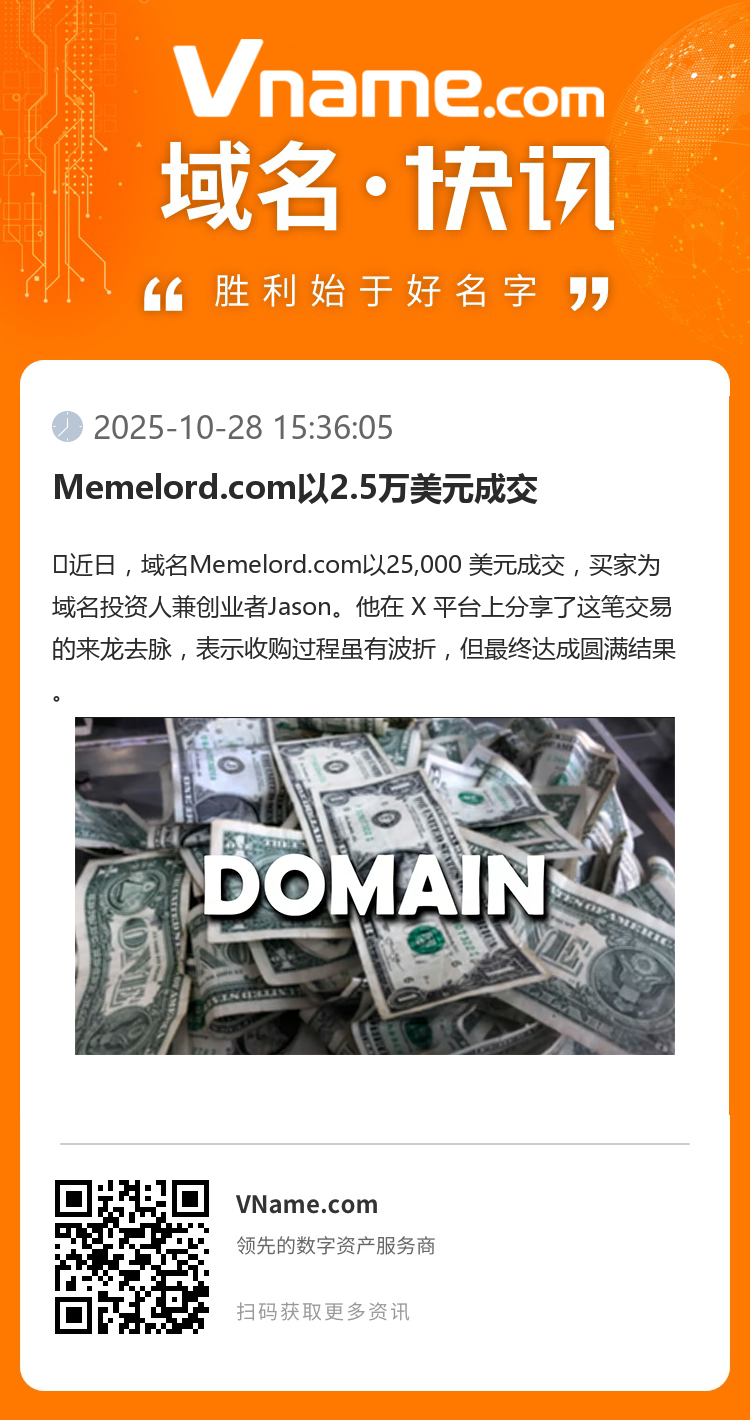 Memelord.com以2.5万美元成交