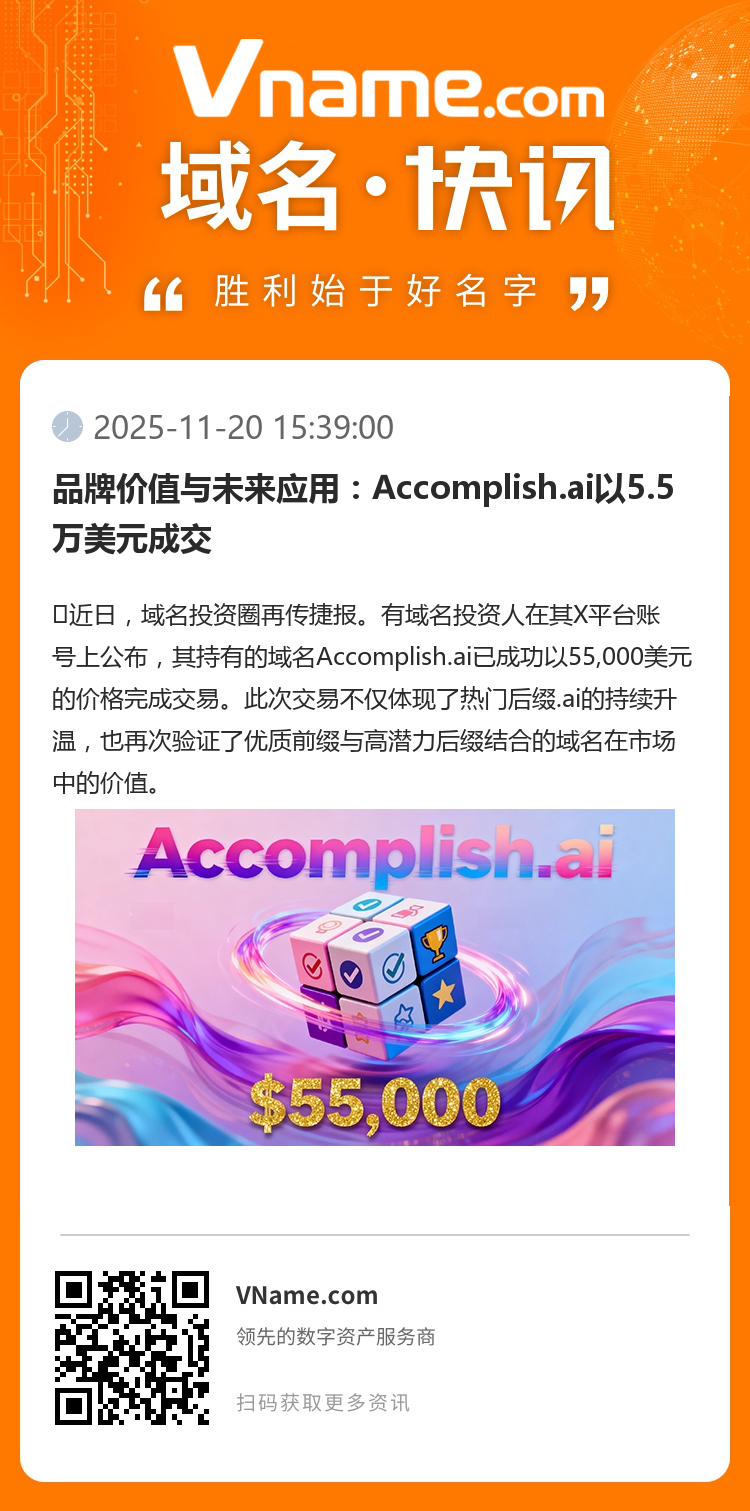 品牌价值与未来应用：Accomplish.ai以5.5万美元成交