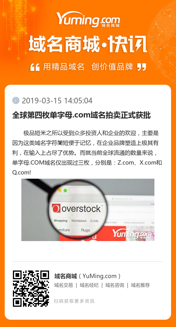 全球第四枚单字母.com域名拍卖正式获批