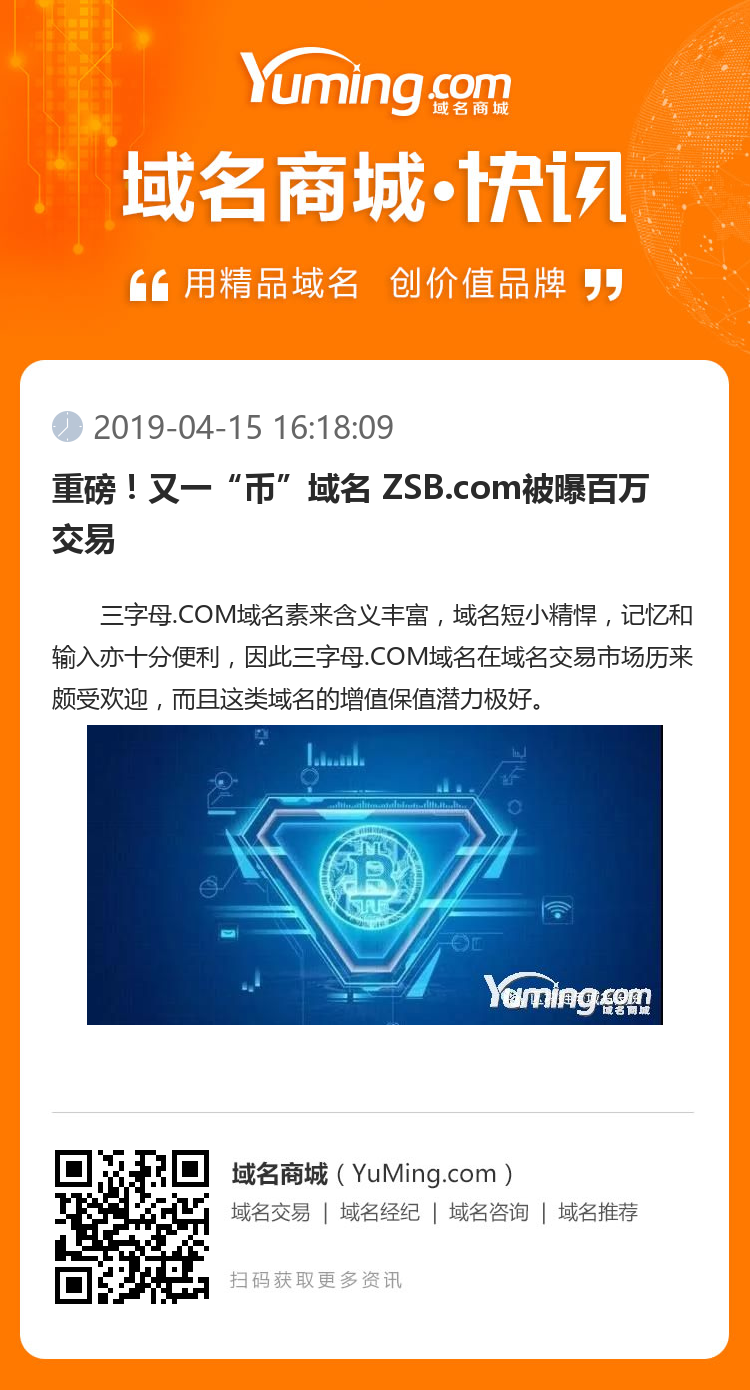 重磅！又一“币”域名 ZSB.com被曝百万交易