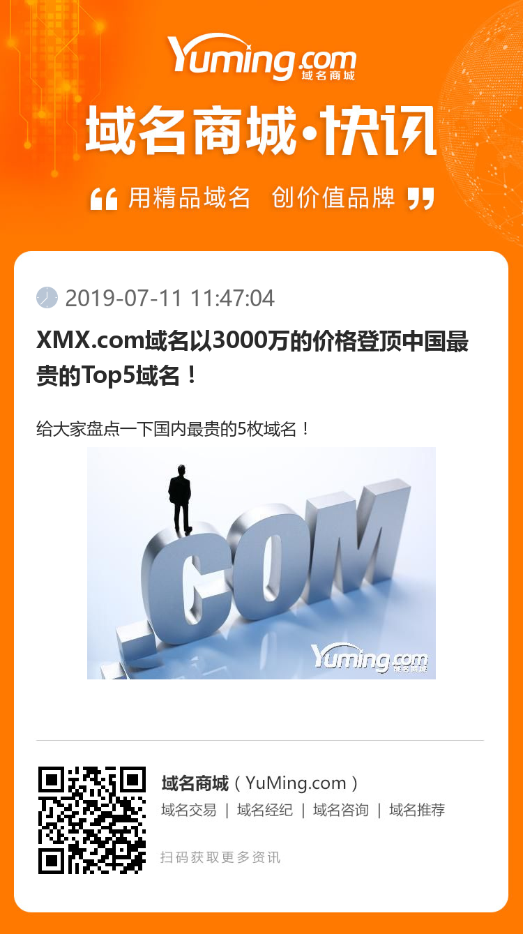 XMX.com域名以3000万的价格登顶中国最贵的Top5域名！