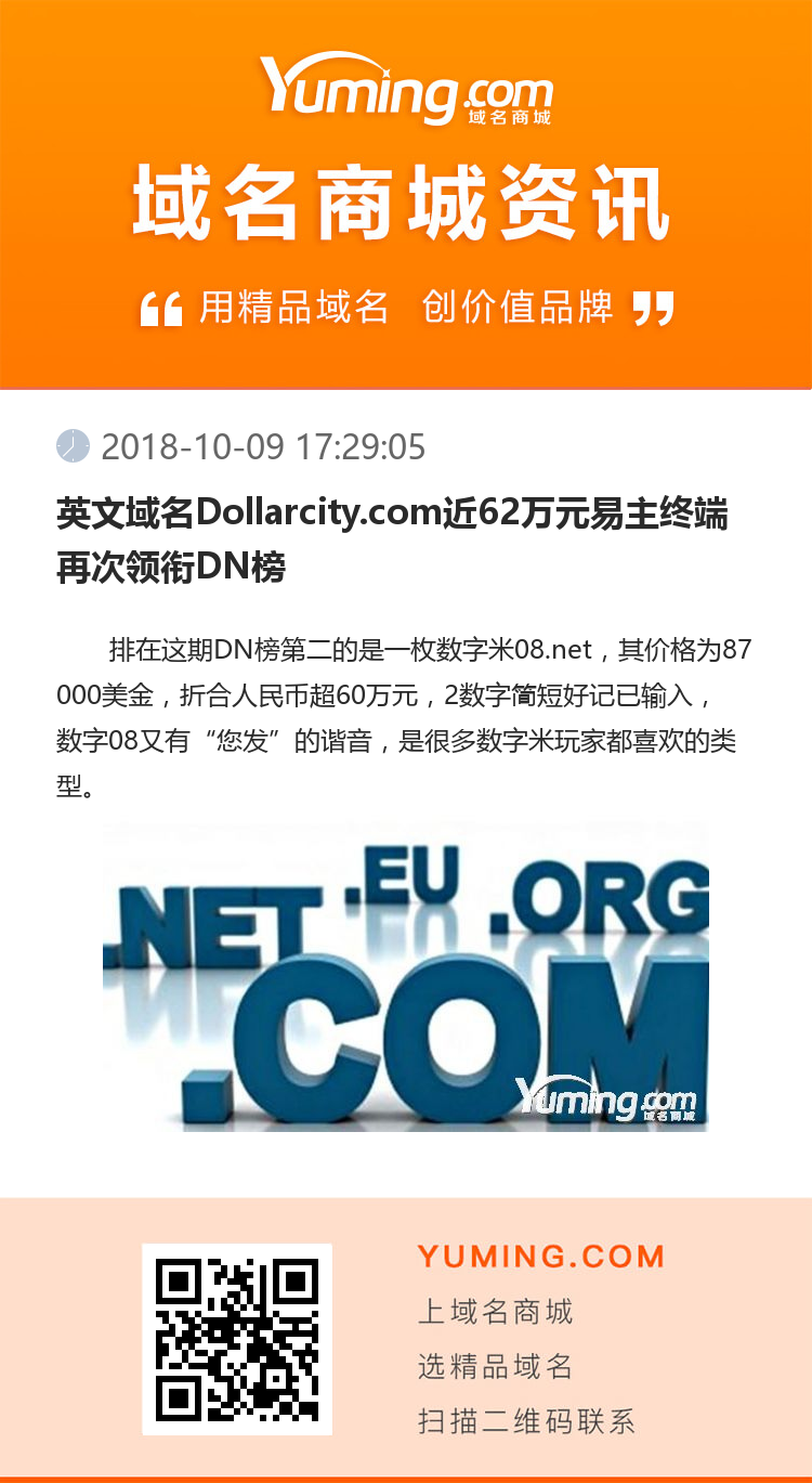 英文域名Dollarcity.com近62万元易主终端 再次领衔DN榜