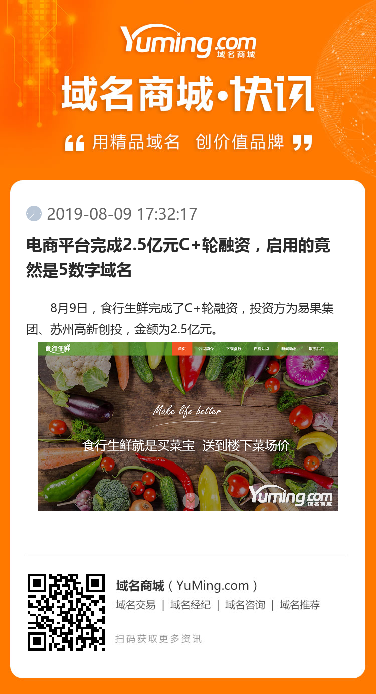 电商平台完成2.5亿元C+轮融资,启用的竟然是5数字域名