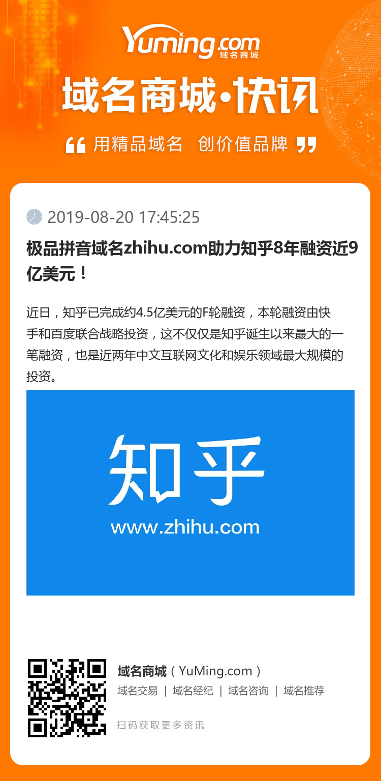 极品拼音域名zhihu.com助力知乎8年融资近9亿美元！