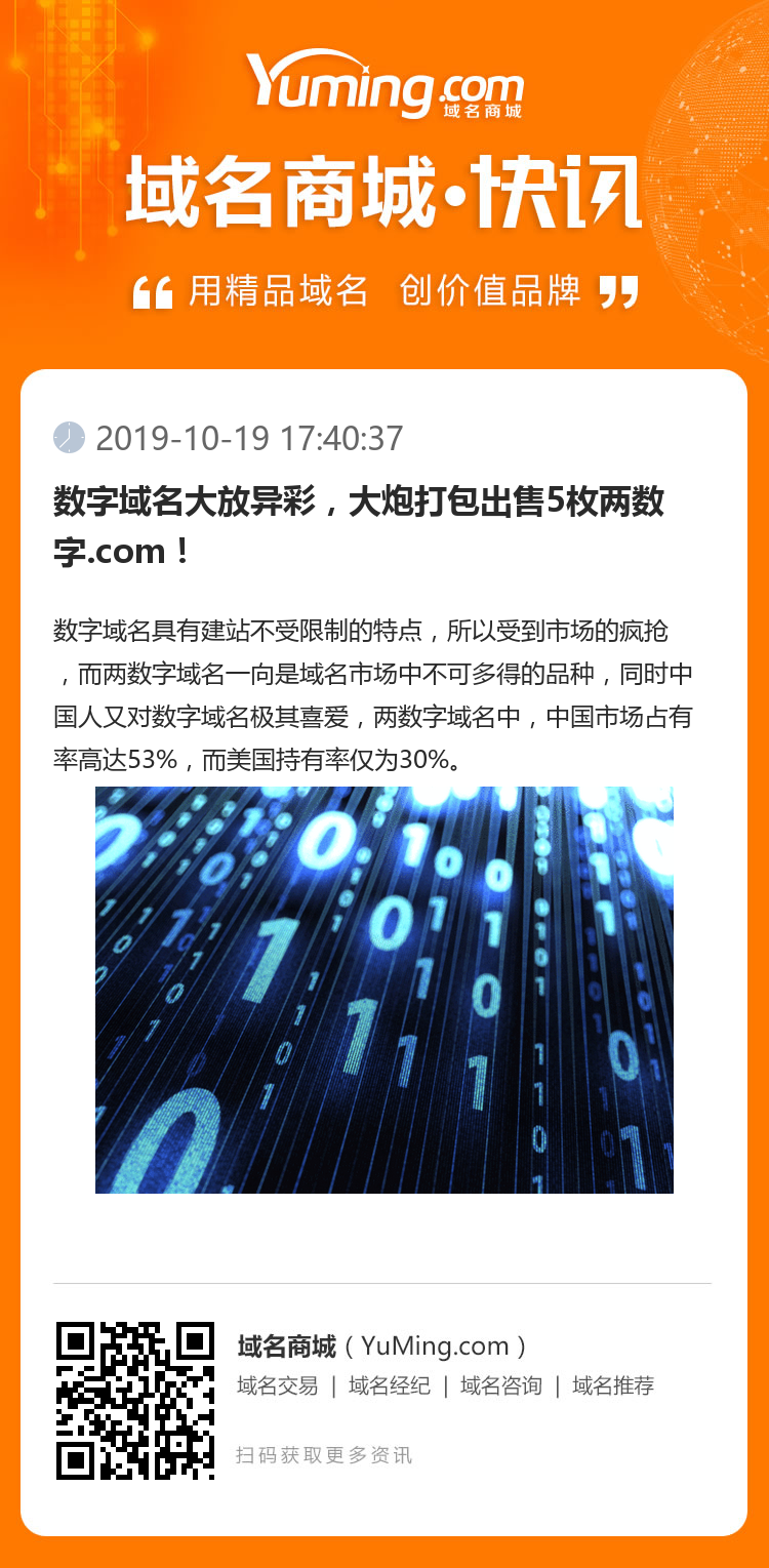 数字域名大放异彩，大炮打包出售5枚两数字.com！