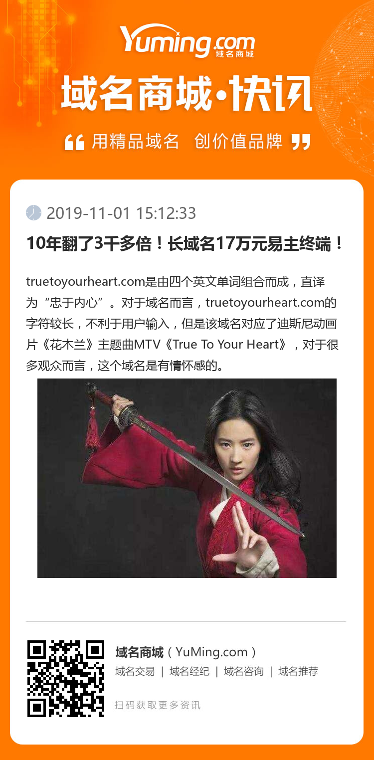 10年翻了3千多倍!长域名17万元易主终端!