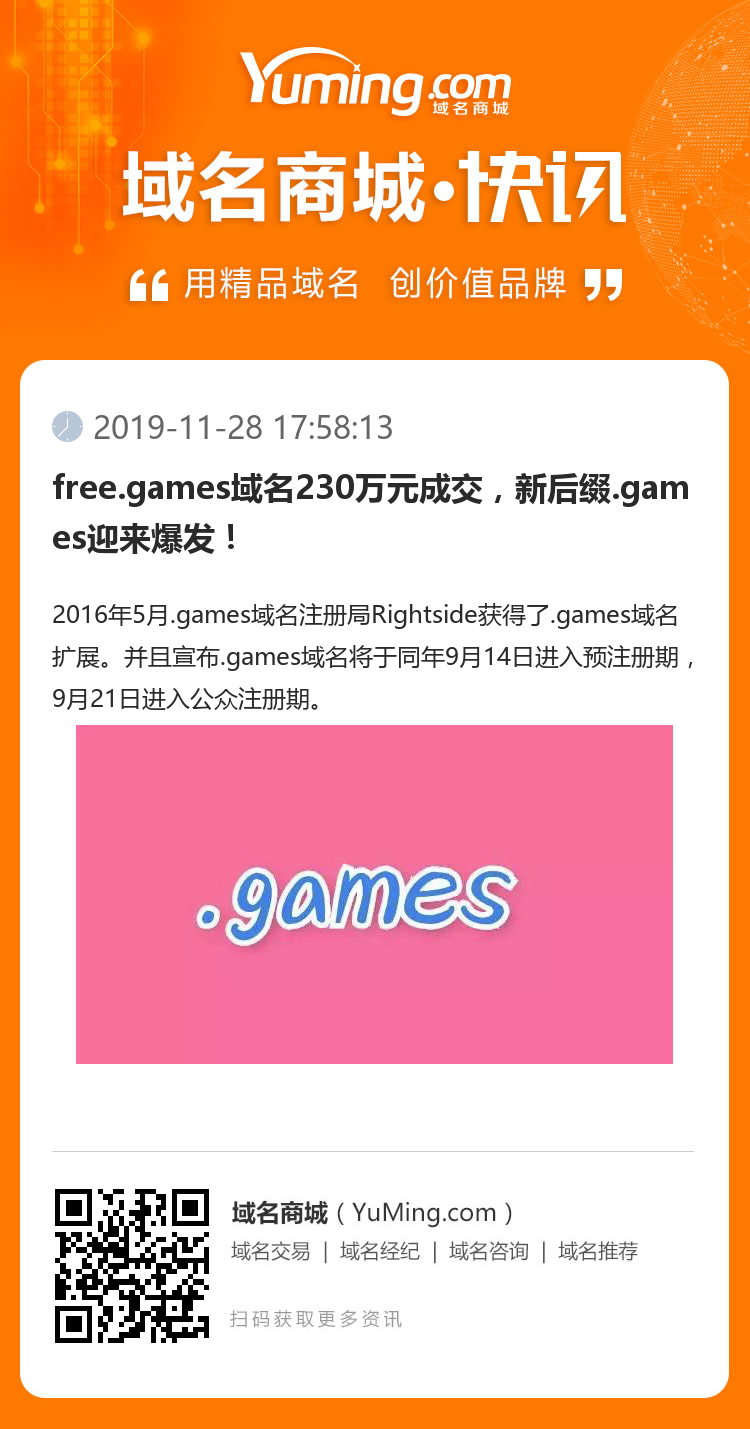 free.games域名230万元成交，新后缀.games迎来爆发！