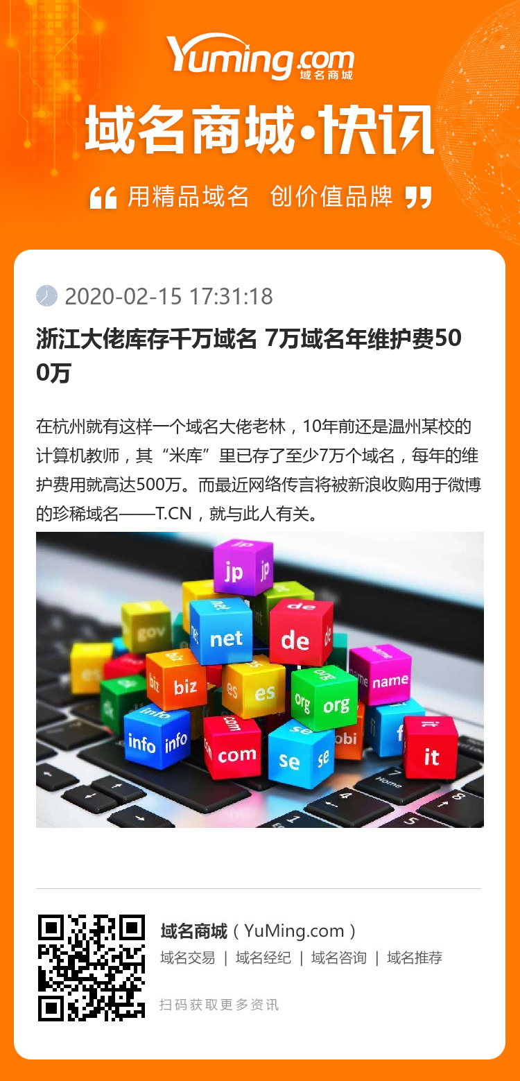 浙江大佬库存千万域名 7万域名年维护费500万